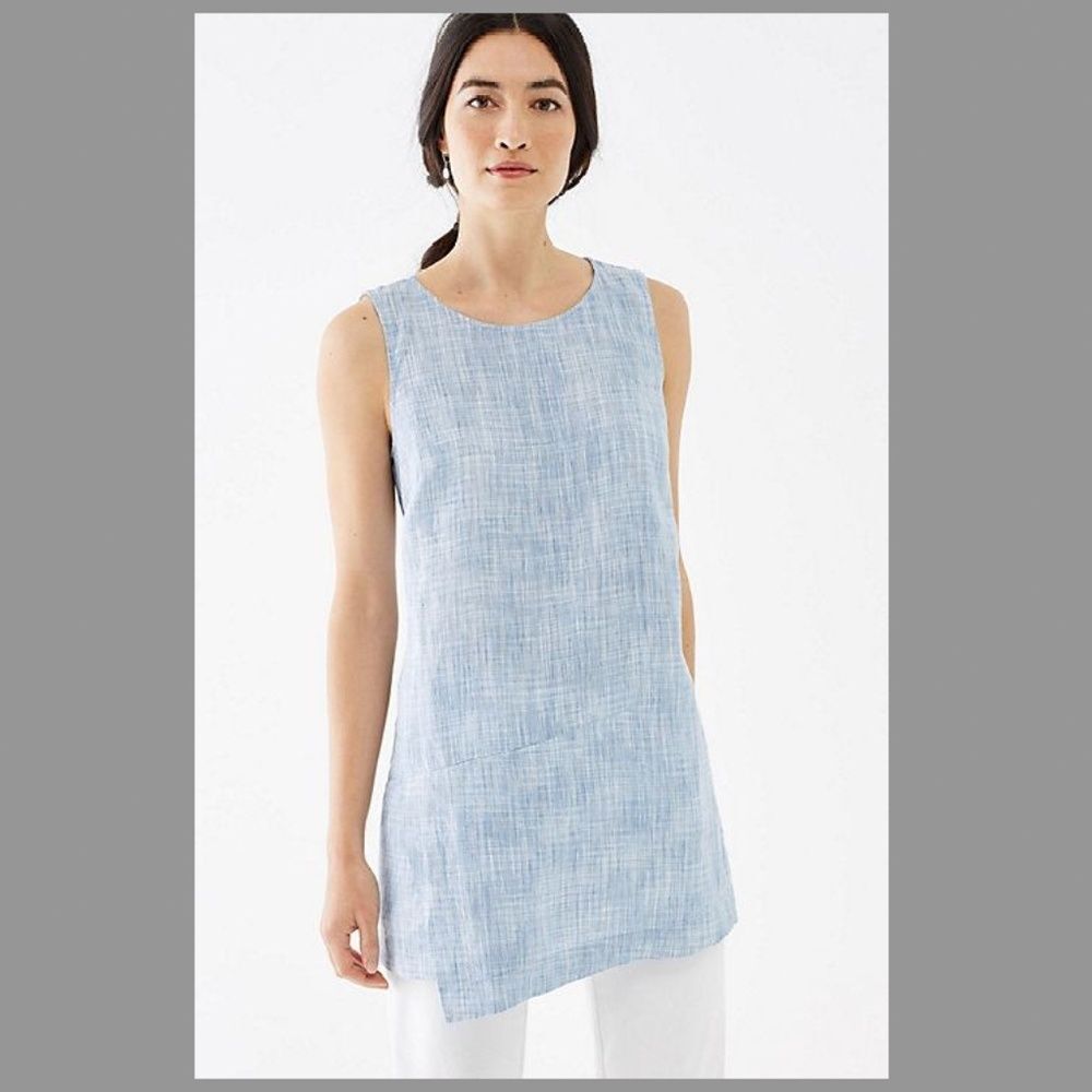 J. Jill PureJill Linen Blue White Heather Slit Wrap Sleeveless Tunic Blouse Med
